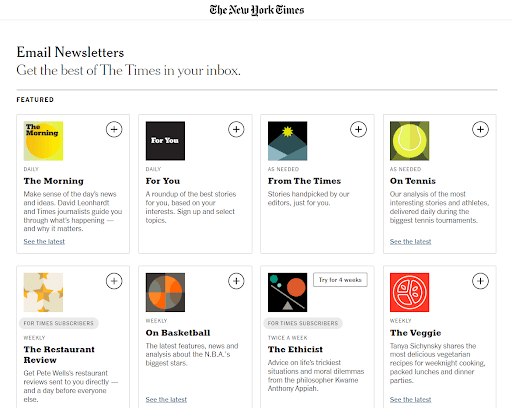 Imagem de um algumas newsletter disponíveis no The New York Times.