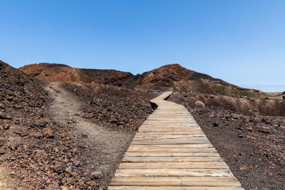 Imagem de uma passarela de madeira em meio a um lugar com pedras.