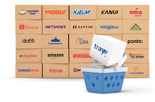 Na imagem é possível notar logos de algumas marcas que possuem marketplaces como Mercado Livre, Mobly, Kabum, Kanui, Shopee, Netshoes, Leroy Merlin, Submarino, entre outras, nas quais a Tray possibilita a integração.