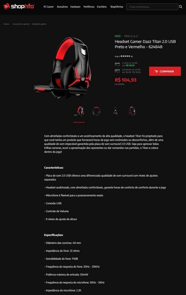 Página de produto da ShopInfo: descrição detalhada.