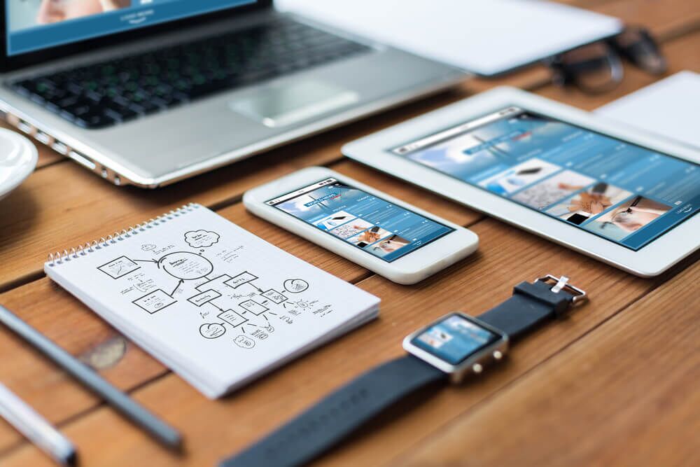 Um celular, um relógio, um notebook e um tablet estão dispostos sob uma mesa de madeira. Todos eles apresentam o mesmo site, demonstrando a responsividade da página.